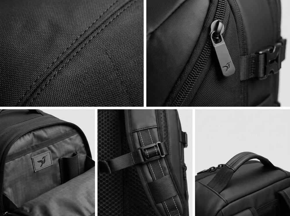 Collage of close‑up shots showing Lavnex ZoraPack Pro™ Jet Black backpack details including stitching, zippers, buckles, and interior compartments