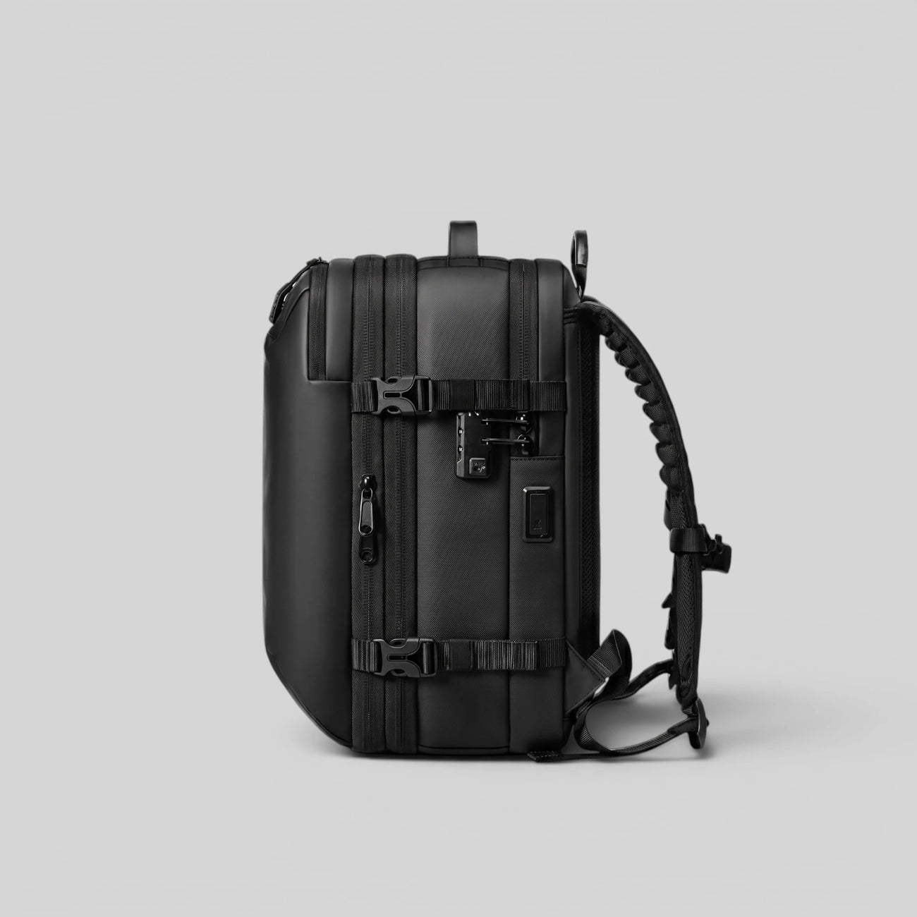 Side view of Lavnex ZoraPack mini backpack showing sleek compact design and security lock