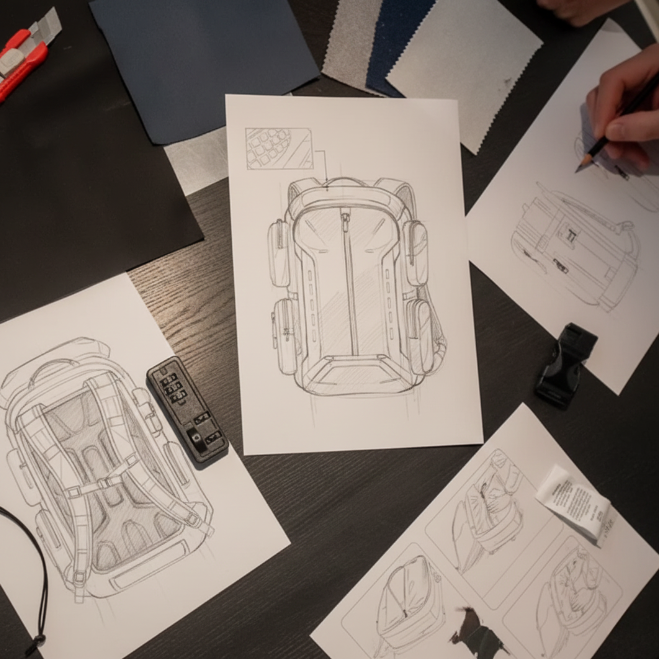 Person sketching a backpack design on paper with multiple sketches and tools on a table.