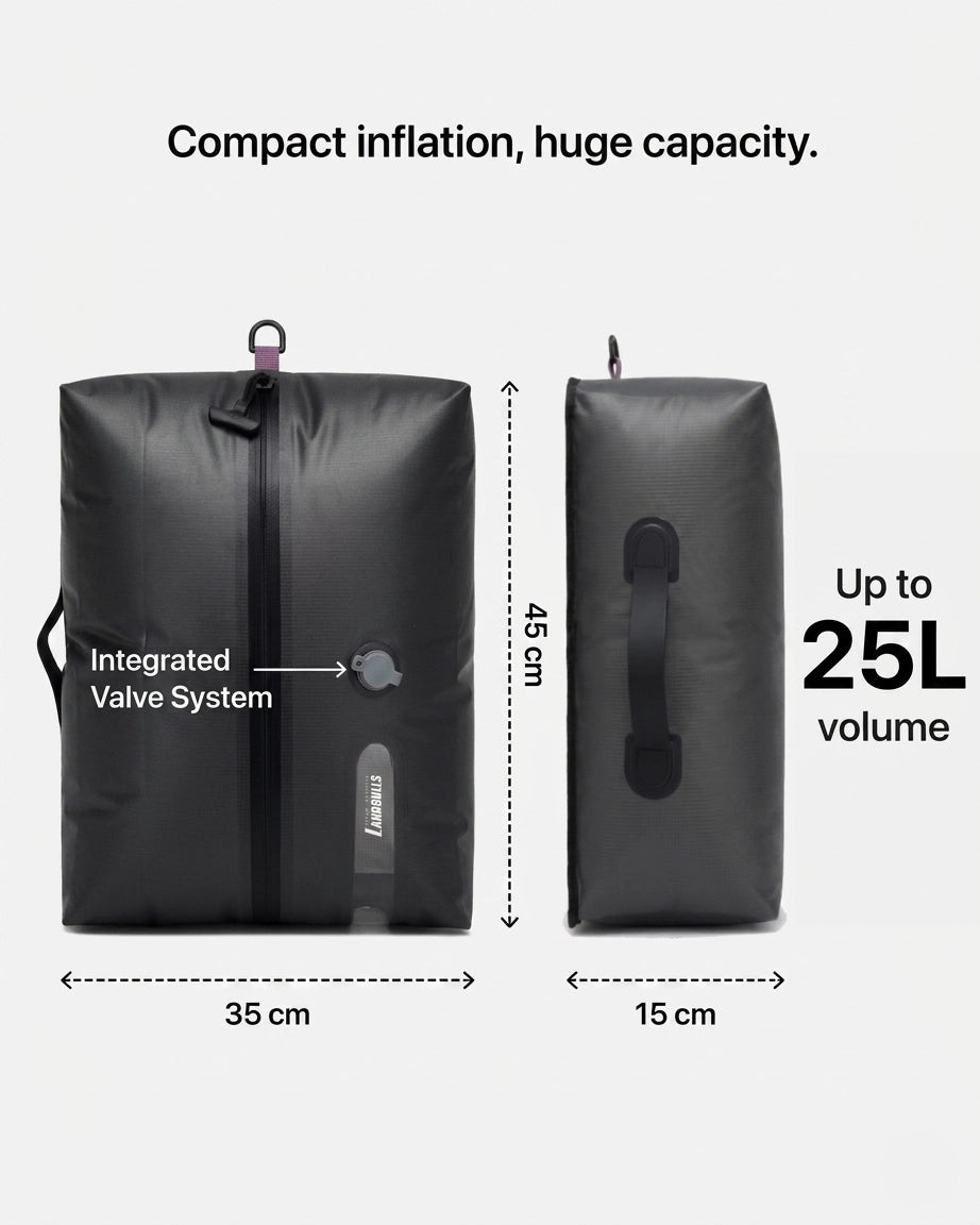 Front and side view of Lavnex AirPack with measurements 35 × 45 × 15 cm