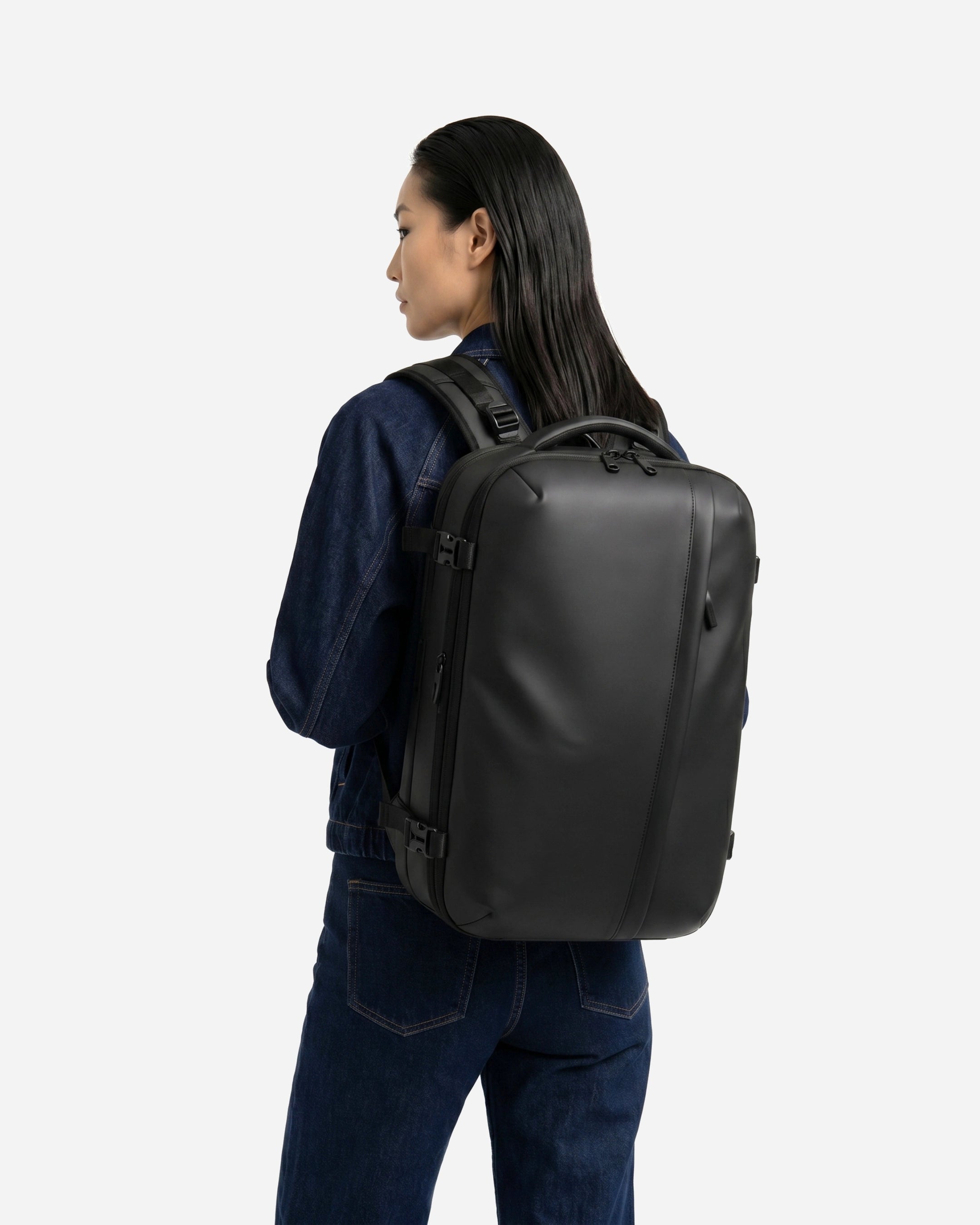 Sleek black backpack in lifestyle photo