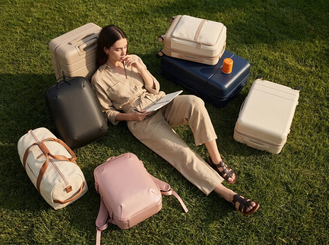 Woman relaxing on grass surrounded by coordinated Lavnex travel bags including ZoraPack Pro™ backpacks and VoxAir Pro™ pump in Solar Amber color