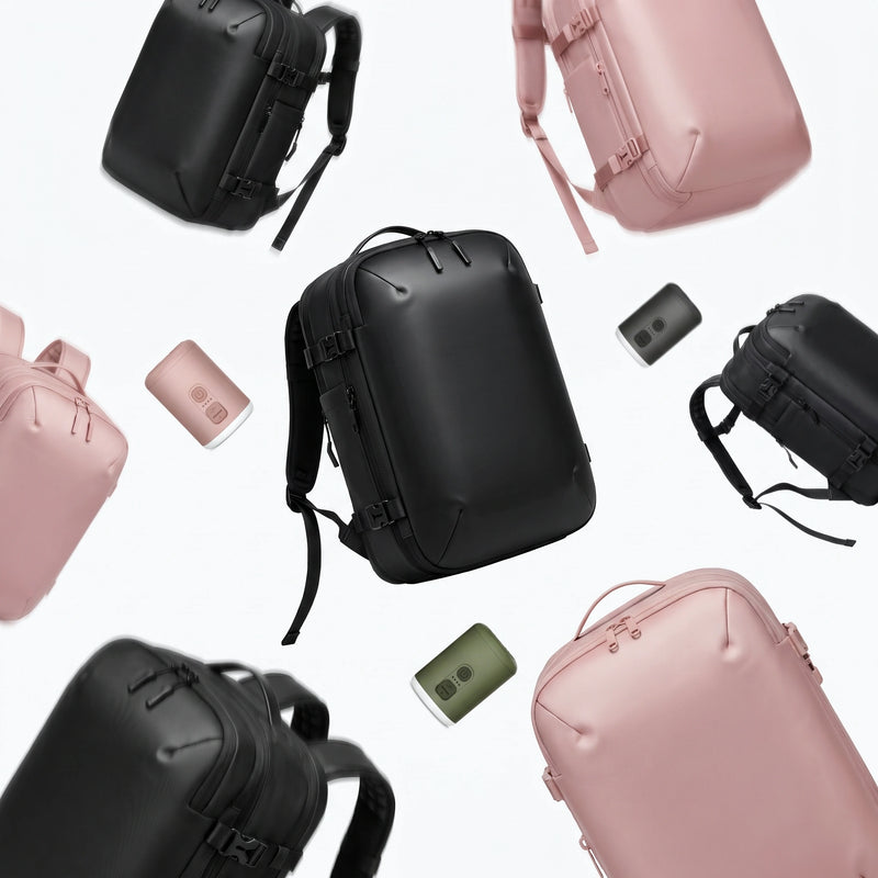 Floating display of Lavnex ZoraPack Pro™ backpacks and Lavnex VoxAir Pro™ portable air pumps in Jet Black, Rose Blush, and Forest Olive colors against light background