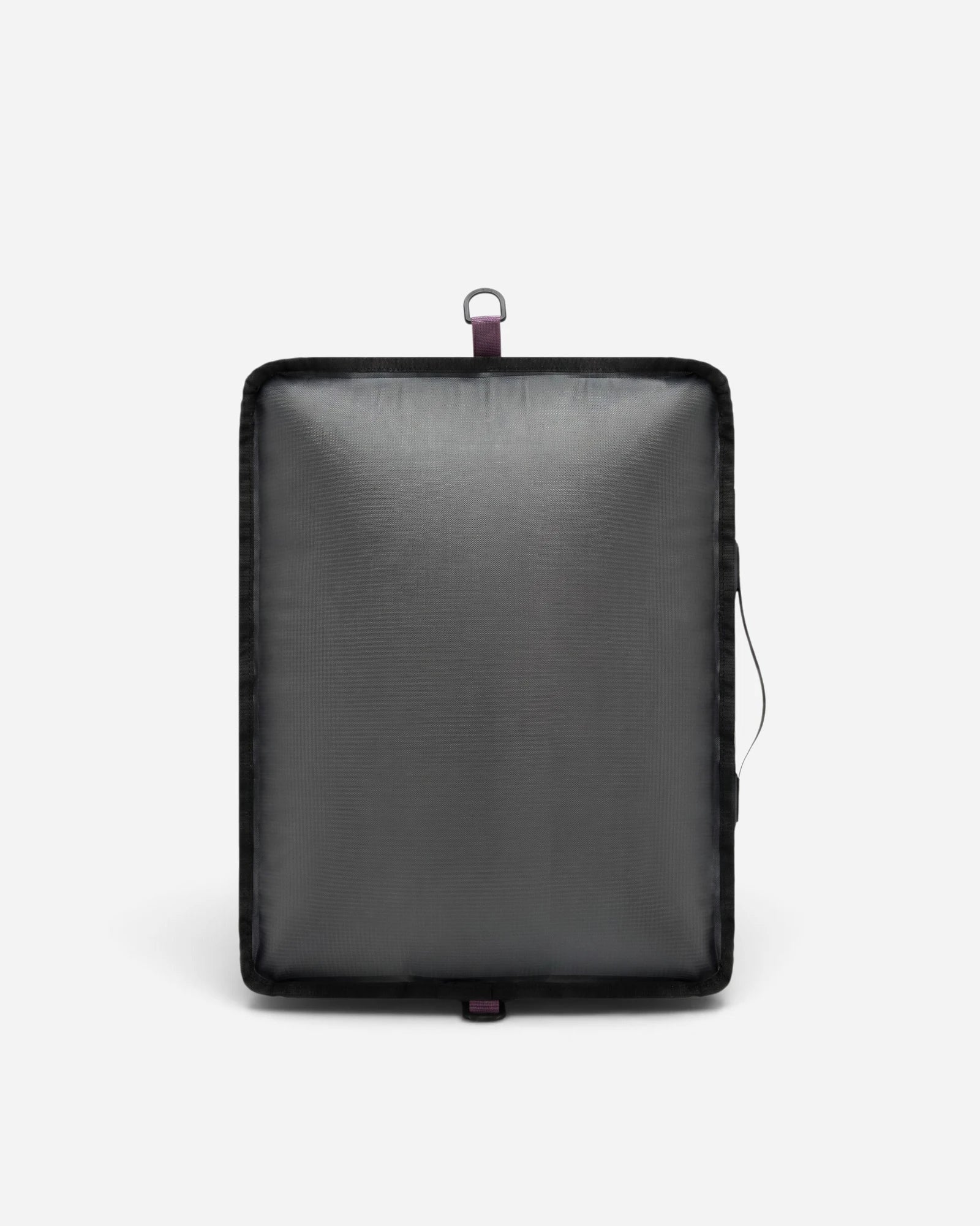 Front view of Lavnex Rilvac™ Jet Black vacuum compression bag showing smooth matte surface, purple hanging loop, and side handle for travel and storage