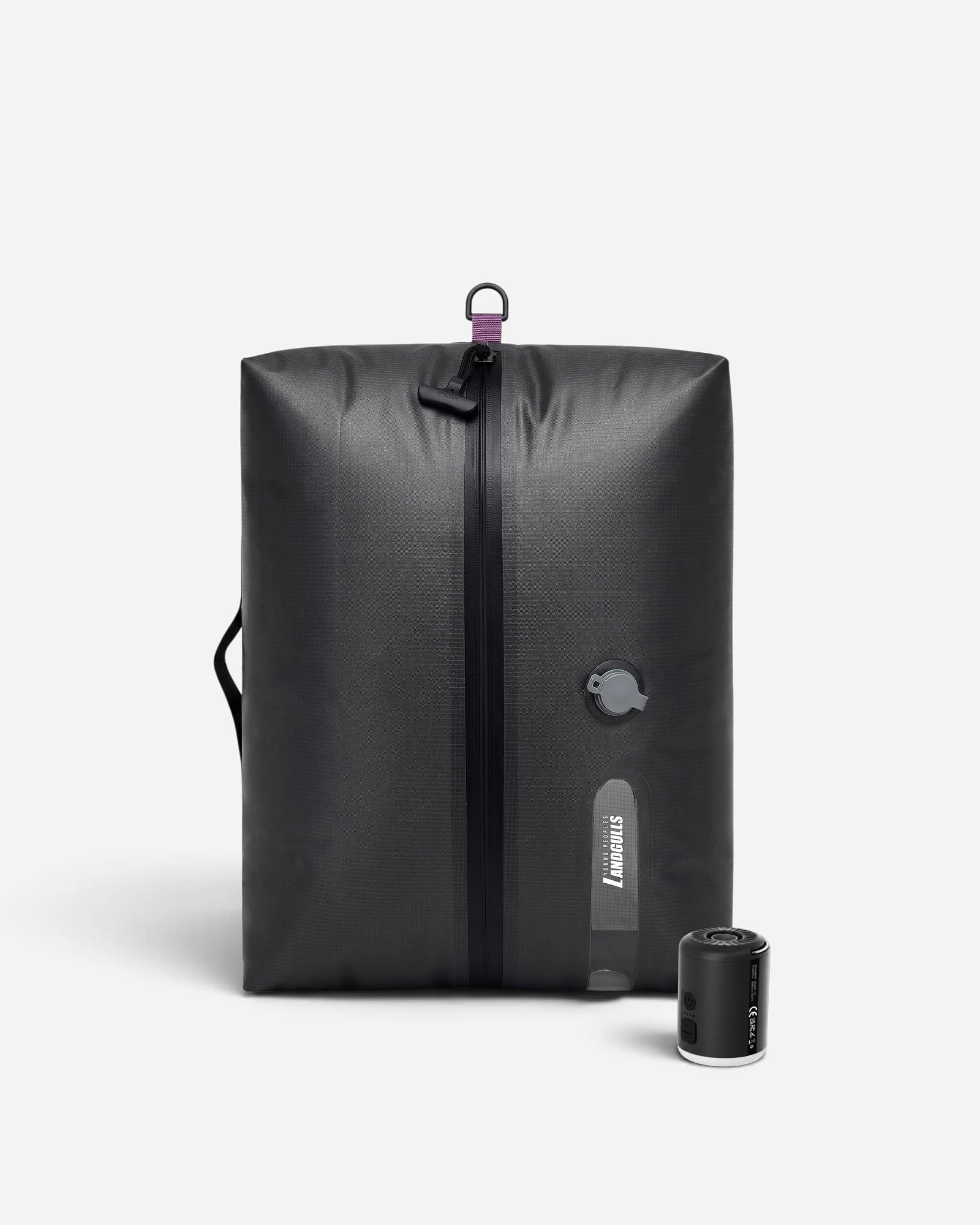 Lavnex Rilvac™ Jet Black vacuum compression bag shown with VoxAir Pro™ portable air pump highlighting smart compression system and durable watertight design