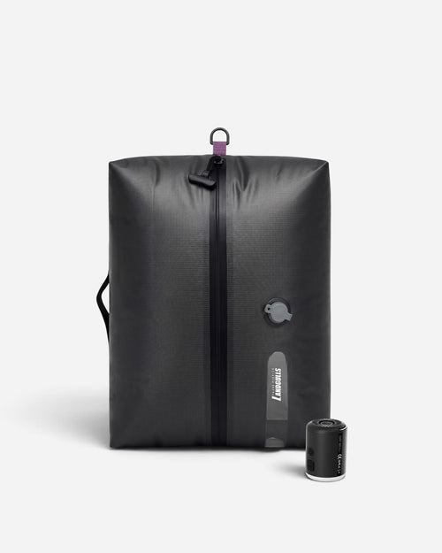 Lavnex Rilvac™ Jet Black vacuum compression bag shown with VoxAir Pro™ portable air pump highlighting smart compression system and durable watertight design