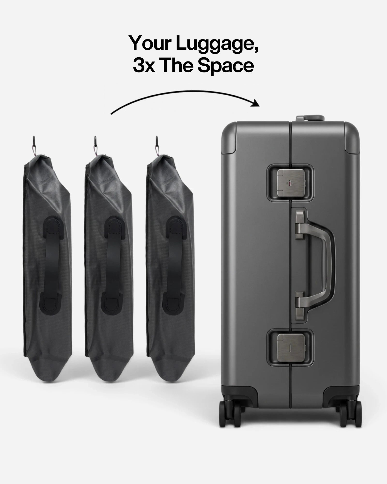 Comparison image showing three compressed Lavnex Rilvac™ Jet Black bags next to a gray hard‑shell suitcase with text “Your Luggage, 3x The Space”