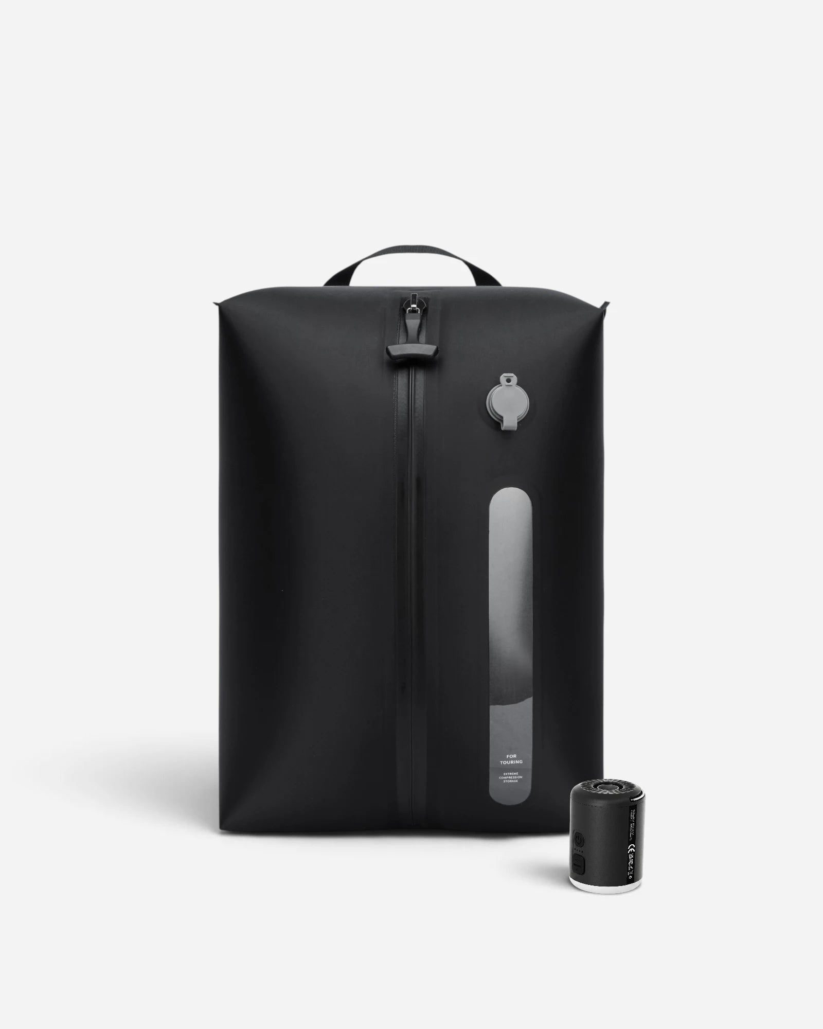Front view of Lavnex Still Vac™ Jet Black vacuum compression bag with VoxAir Pro™ portable air pump showing sleek design and smart compression system