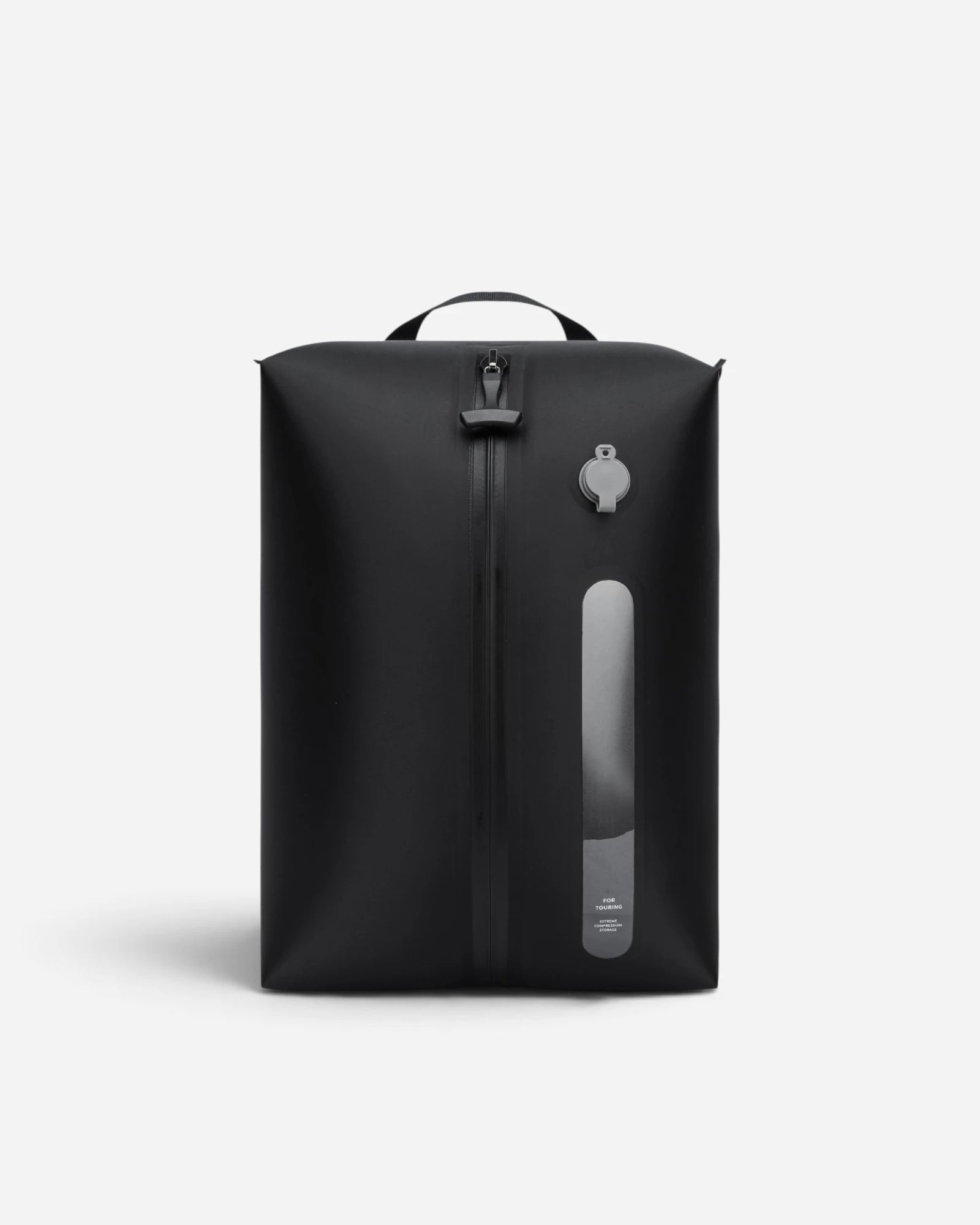 Front view of Lavnex Still Vac™ Jet Black vacuum compression bag showing airtight valve, zipper seal, and transparent window panel