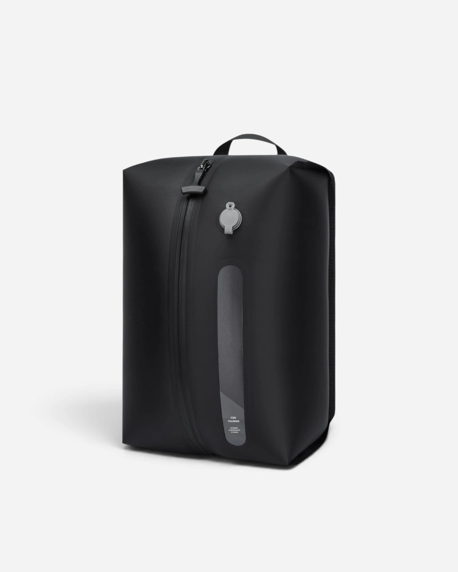 Angled view of Lavnex Still Vac™ Jet Black vacuum compression bag showing airtight valve, zipper seal, and transparent window panel