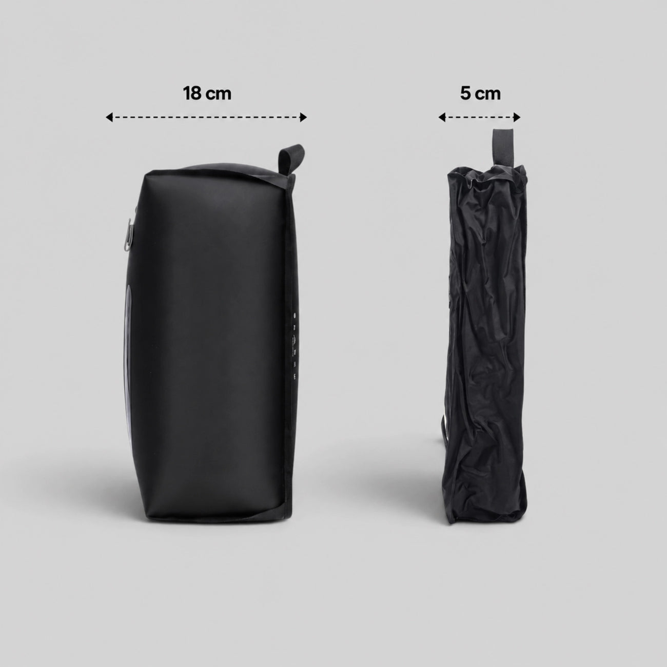 Side‑by‑side comparison of Lavnex Still Vac™ Jet Black bag before and after compression showing 18 cm vs 5 cm depth difference on light gray background