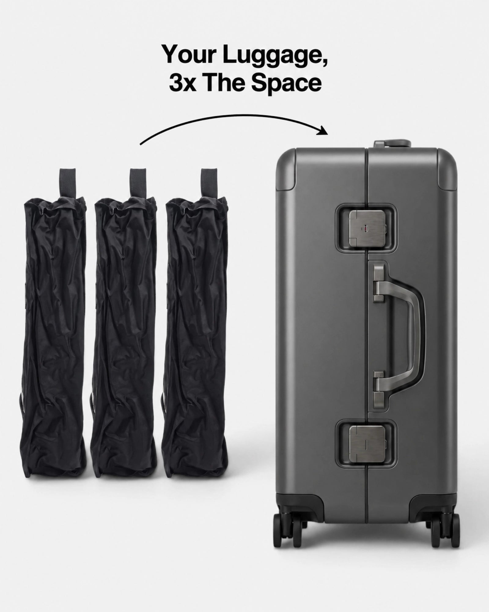 Comparison image showing three compressed Lavnex Still Vac™ Jet Black bags next to a gray hard‑shell suitcase with text “Your Luggage, 3x The Space”