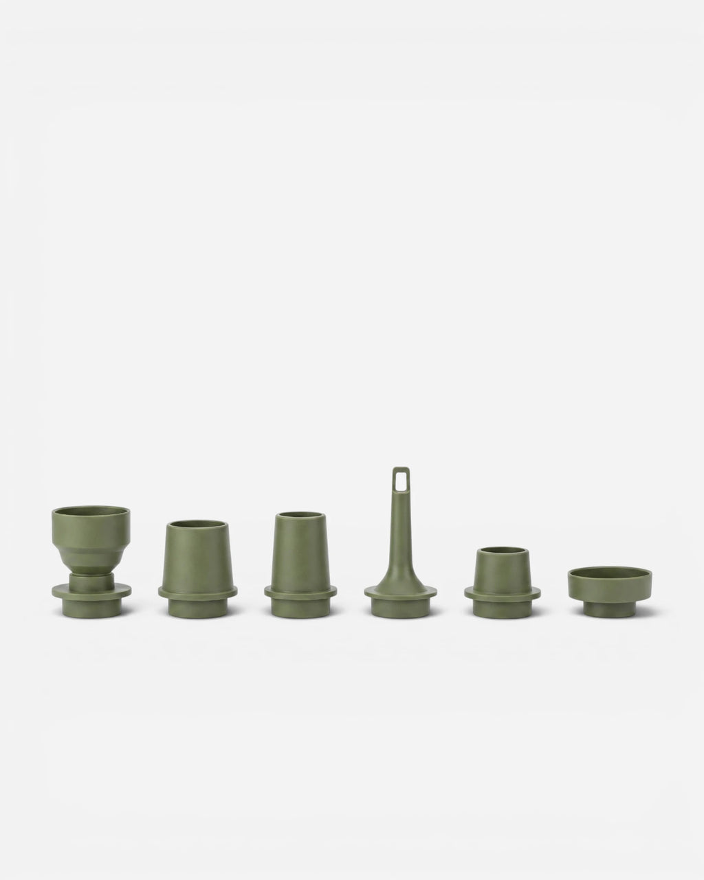 Set of six Forest Olive nozzles for Lavnex VoxAir Pro™ portable air pump arranged in a row on light background