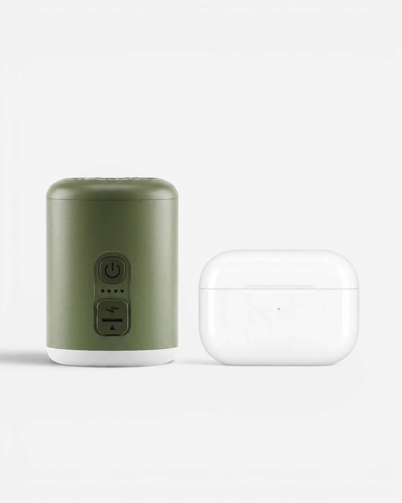 Lavnex VoxAir Pro™  portable air pump placed beside white wireless earbuds case showing compact size