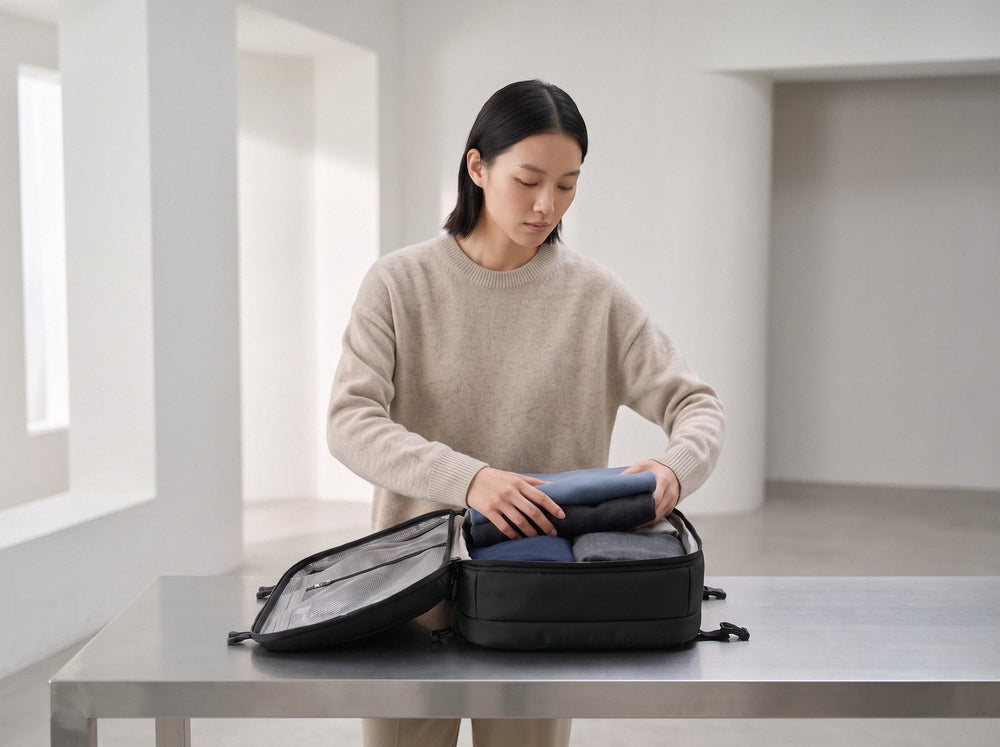 Woman organizing folded clothes inside Lavnex ZoraPack Pro™ Jet Black travel bag in minimalist bright room