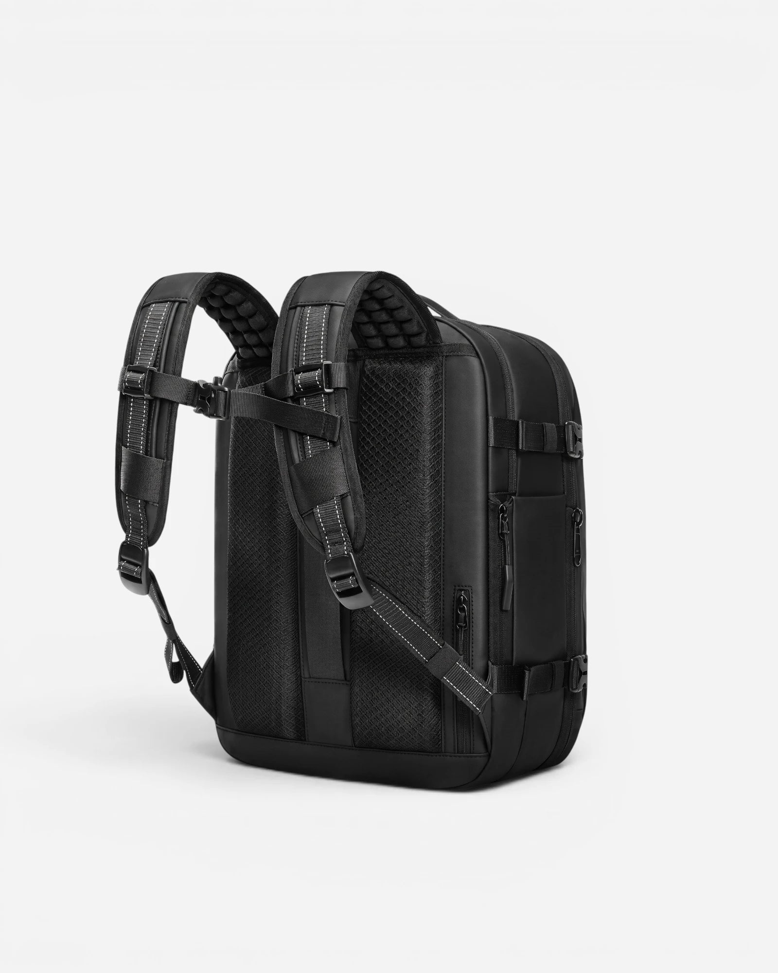Rear view of Lavnex ZoraPack Mini™ Jet Black backpack showing padded shoulder straps and breathable mesh back panel