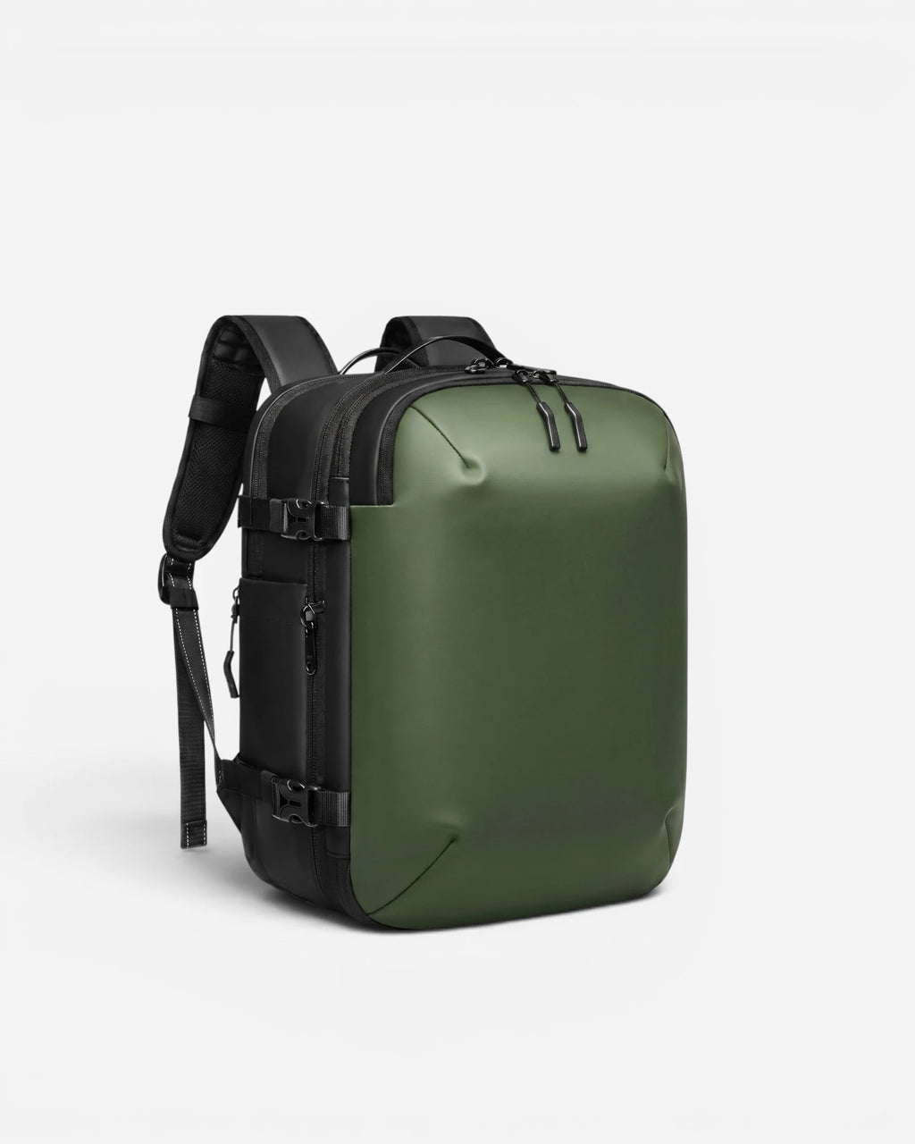 Angled view of Lavnex ZoraPack Mini™ backpack in Forest Olive color showing padded straps and side zippers