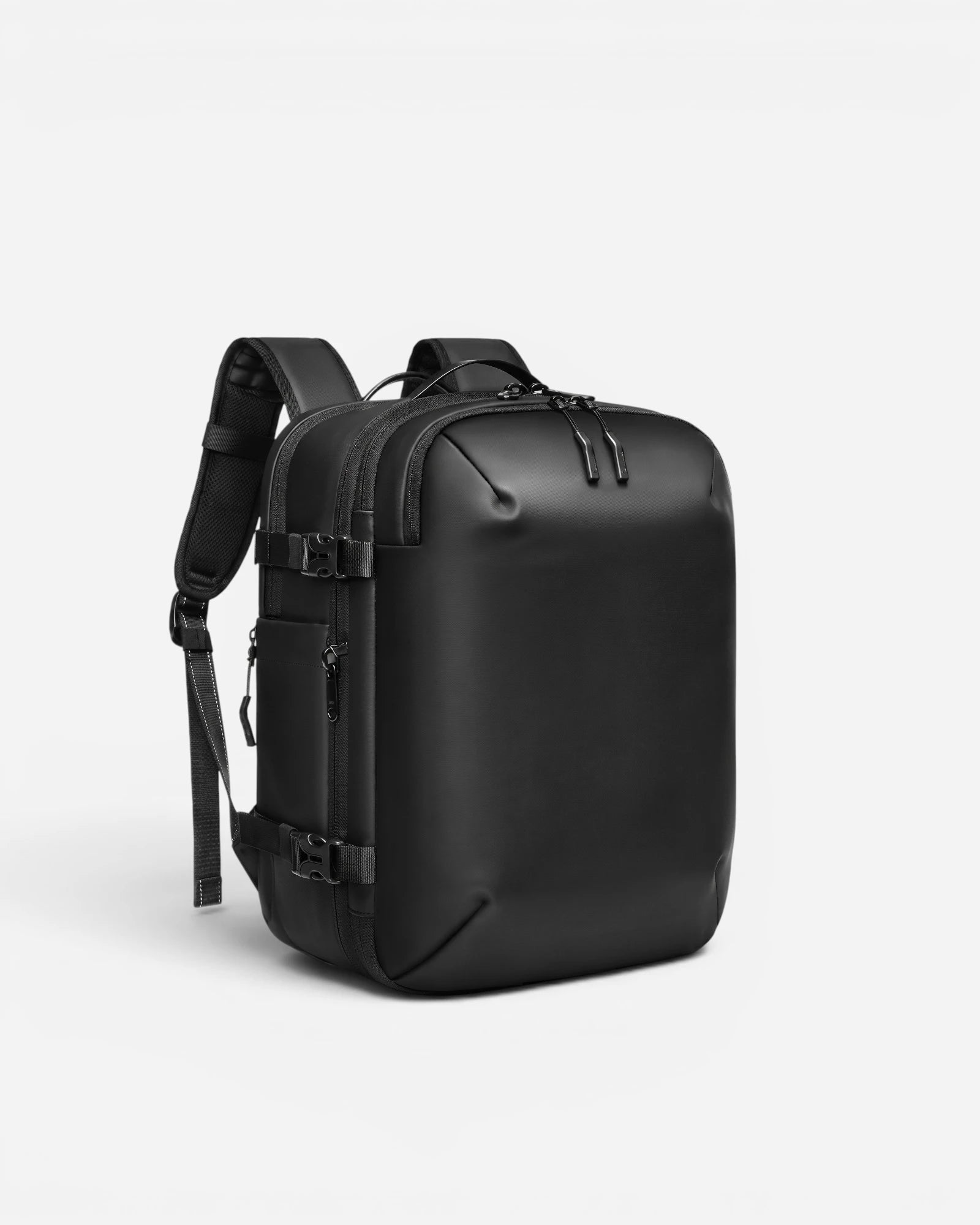 Angled view of Lavnex ZoraPack Mini™ backpack in Jet Black color showing padded straps and side zippers