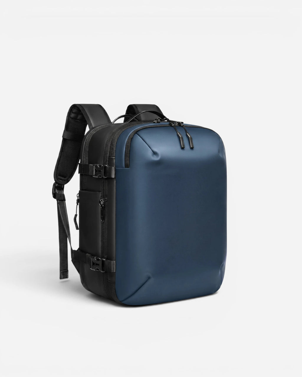 Angled view of Lavnex ZoraPack Mini™ backpack in Midnight Navy color showing padded straps and side zippers