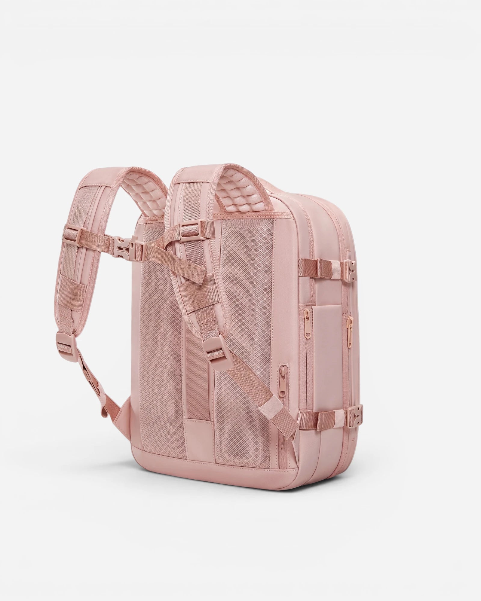 Rear view of Lavnex ZoraPack Mini™ backpack in Rose Blush color showing padded shoulder straps and breathable mesh back panel