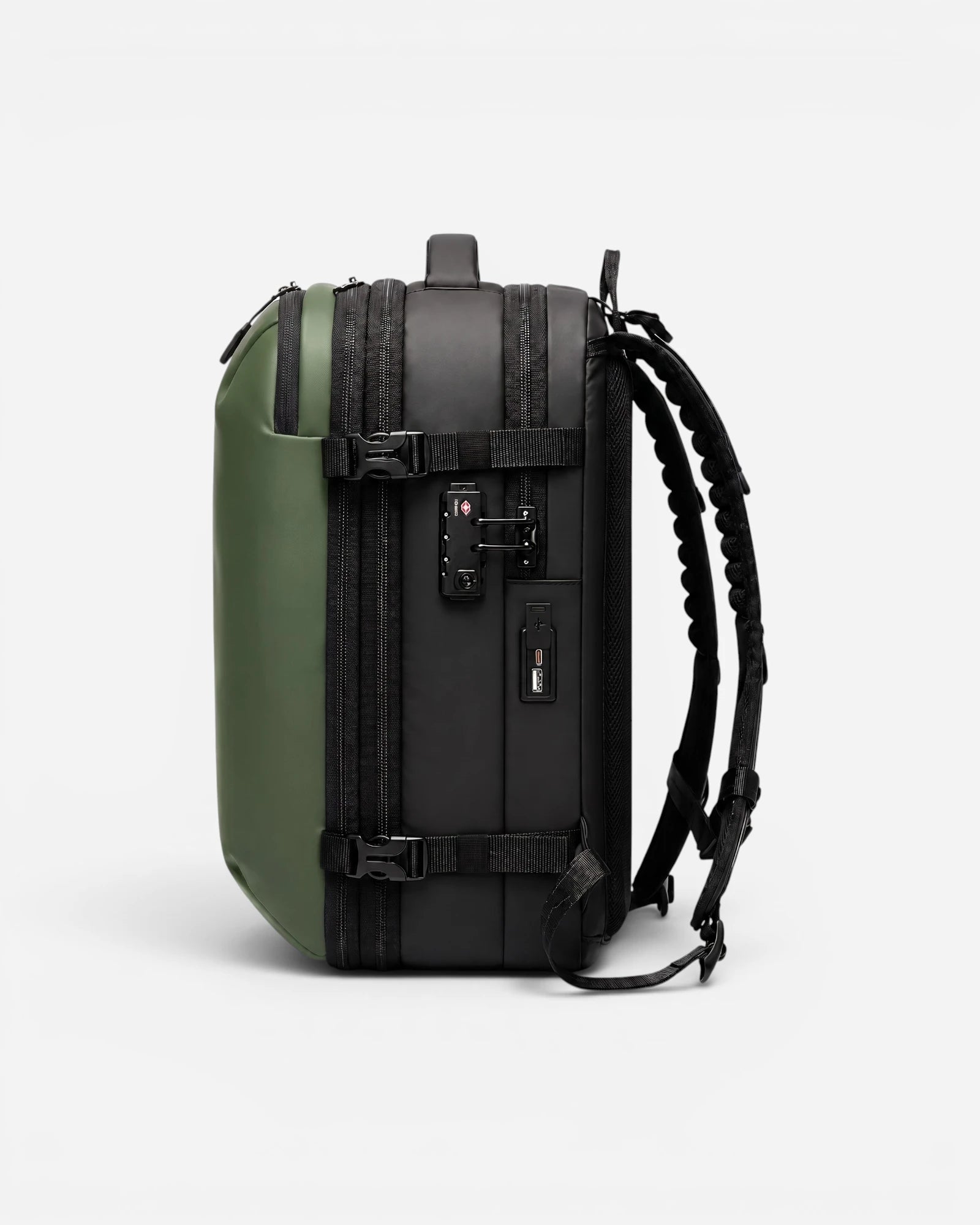 Side view of Lavnex ZoraPack Pro™ Forest Olive backpack showing TSA lock, USB charging port, and compression straps in dual‑tone design