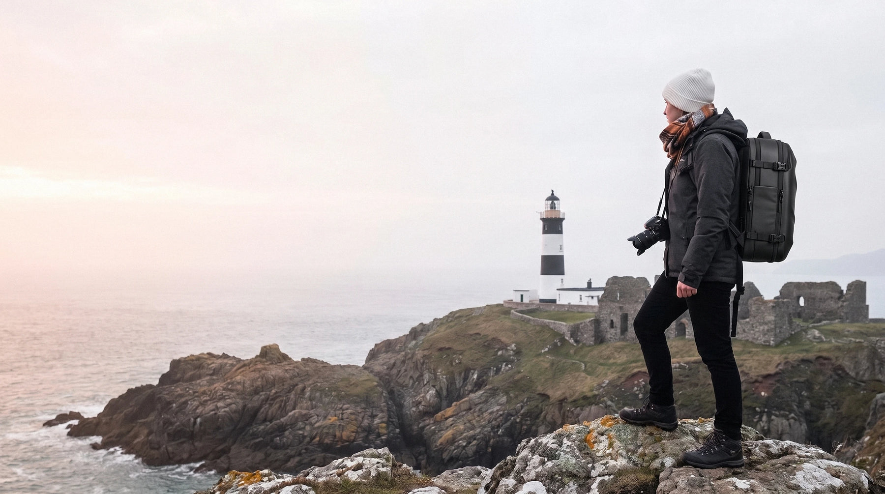 Traveler wearing Lavnex ZoraPack Pro™ backpack standing on rocky coast near lighthouse, holding camera and looking at horizon