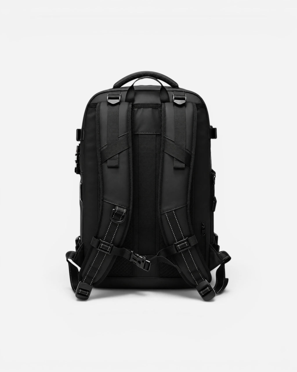Rear view of Lavnex ZoraPack Pro backpack showing padded straps and breathable back panel