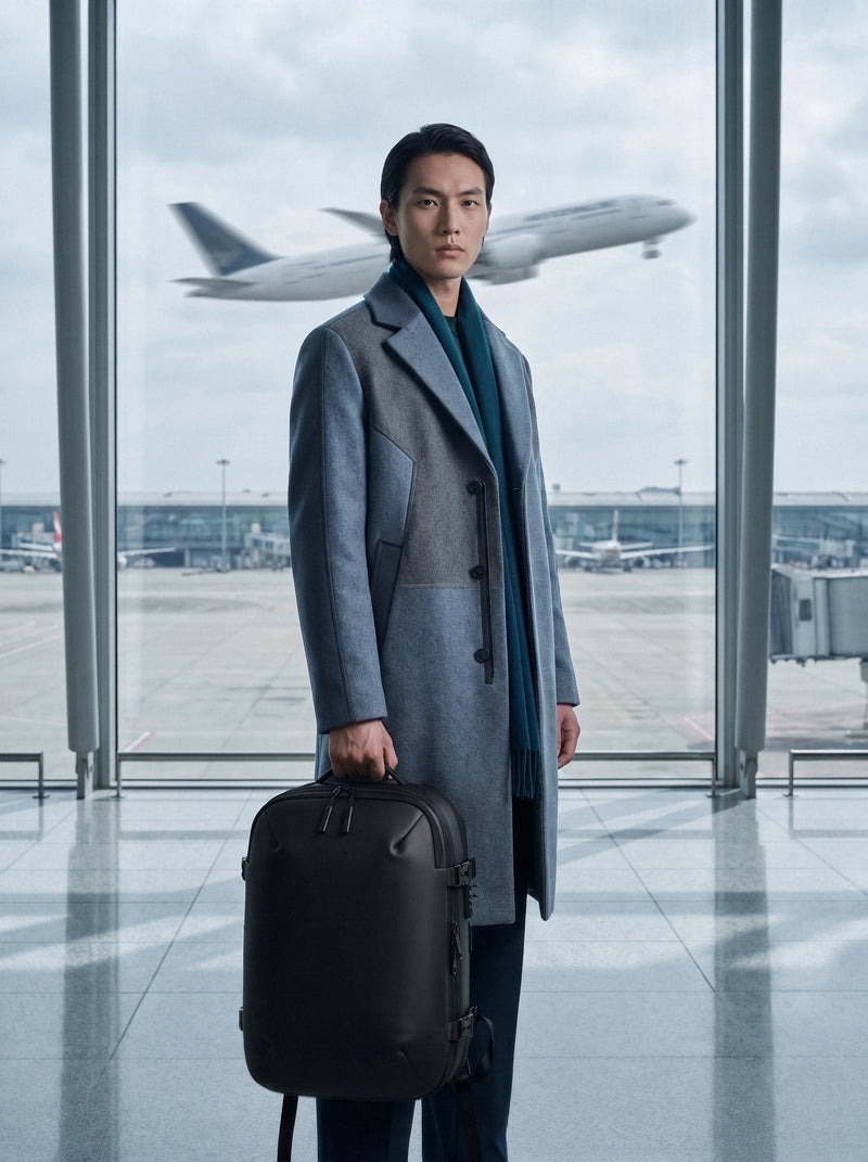 Man standing in airport terminal holding Lavnex ZoraPack Pro™ Jet Black backpack with airplane taking off in background