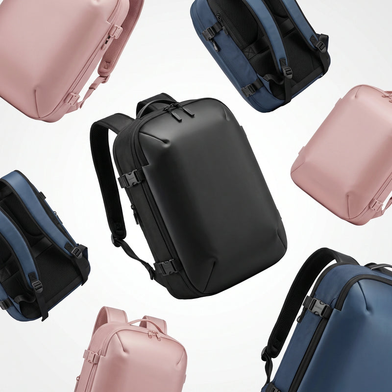 Floating display of Lavnex ZoraPack Pro™ backpacks in Jet Black, Rose Blush, and Midnight Navy colors against light background