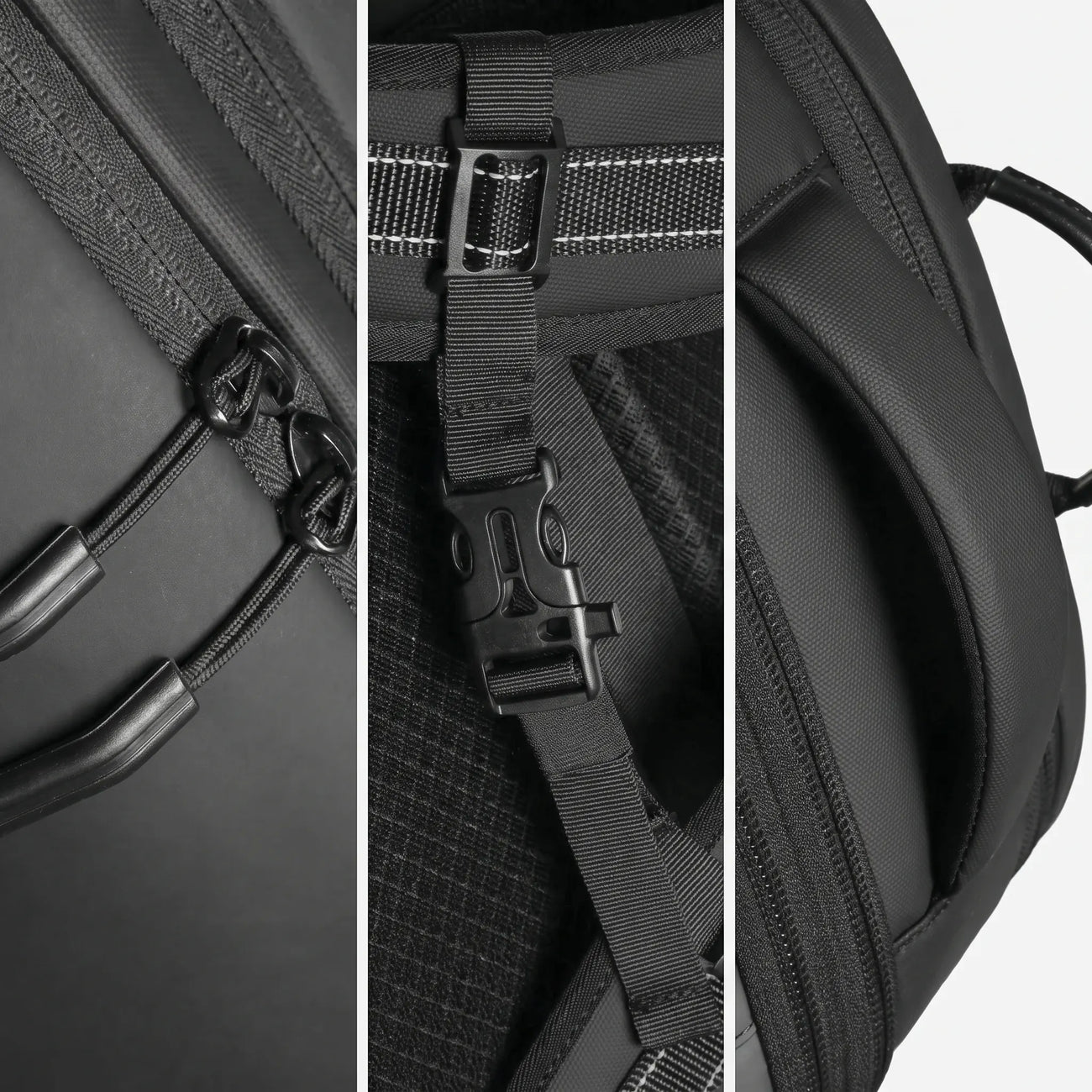 Triptych close‑up of Lavnex ZoraPack Pro™ Jet Black backpack showing smooth‑glide zippers, ergonomic straps, and reinforced handles