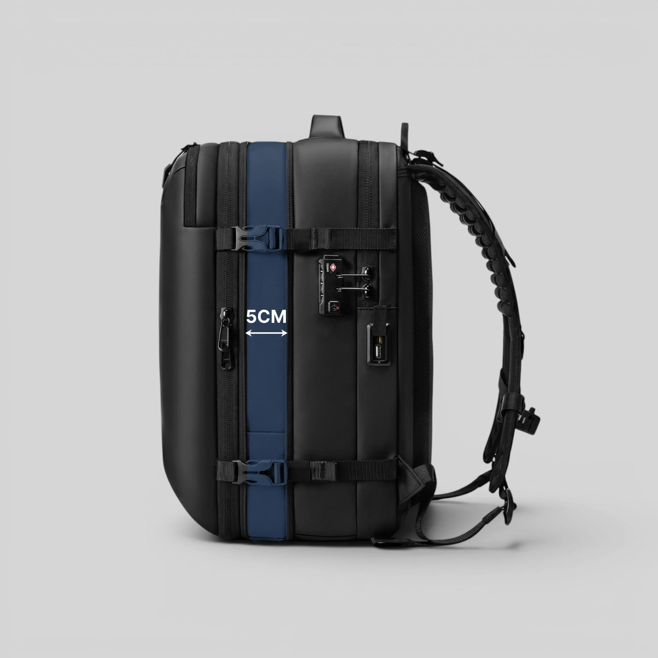 Side view of Lavnex ZoraPack Pro backpack expanded by 5 cm showing increased capacity