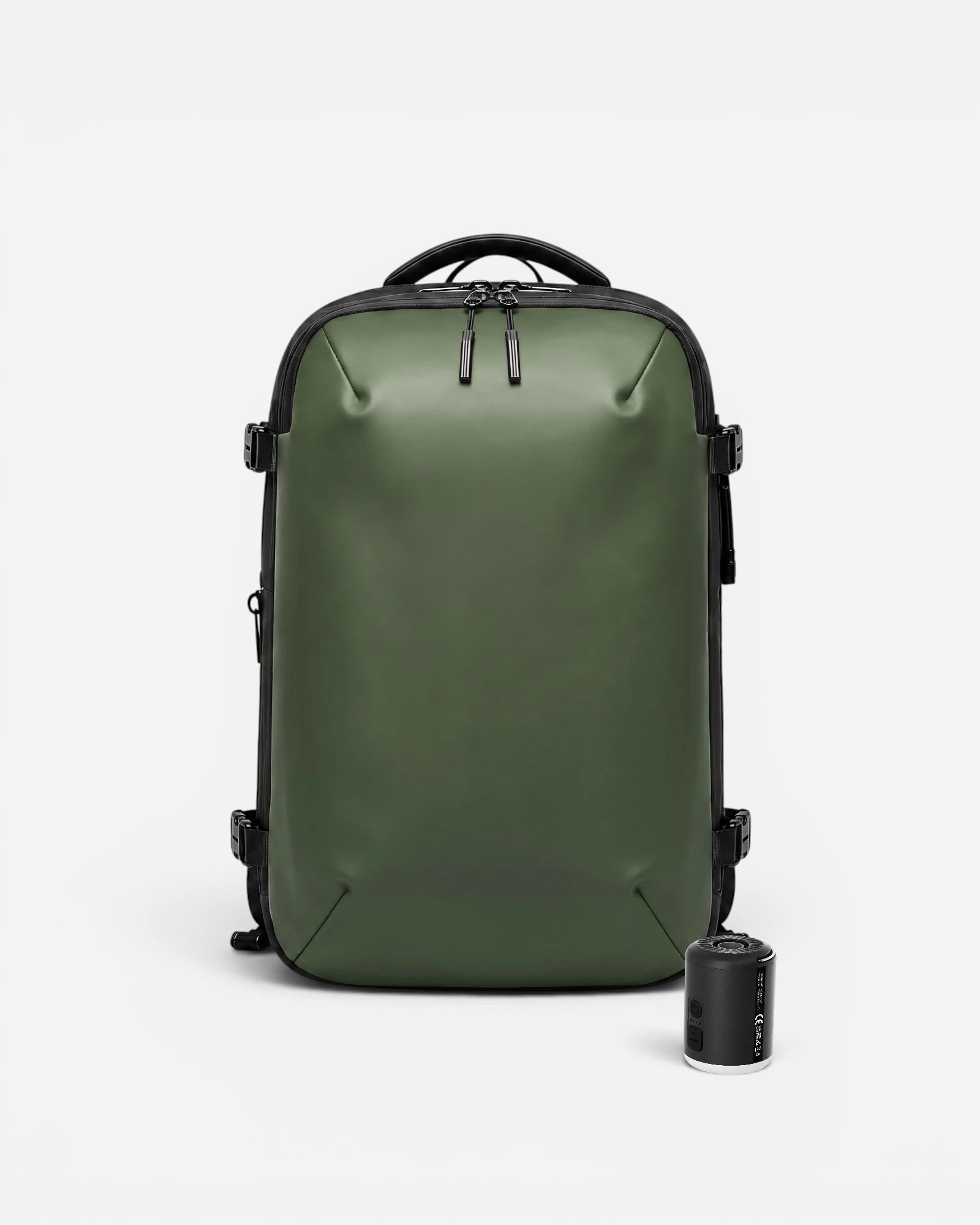 Front view of Lavnex ZoraPack Pro backpack in Forest Olive color with matte finish and minimalist design
