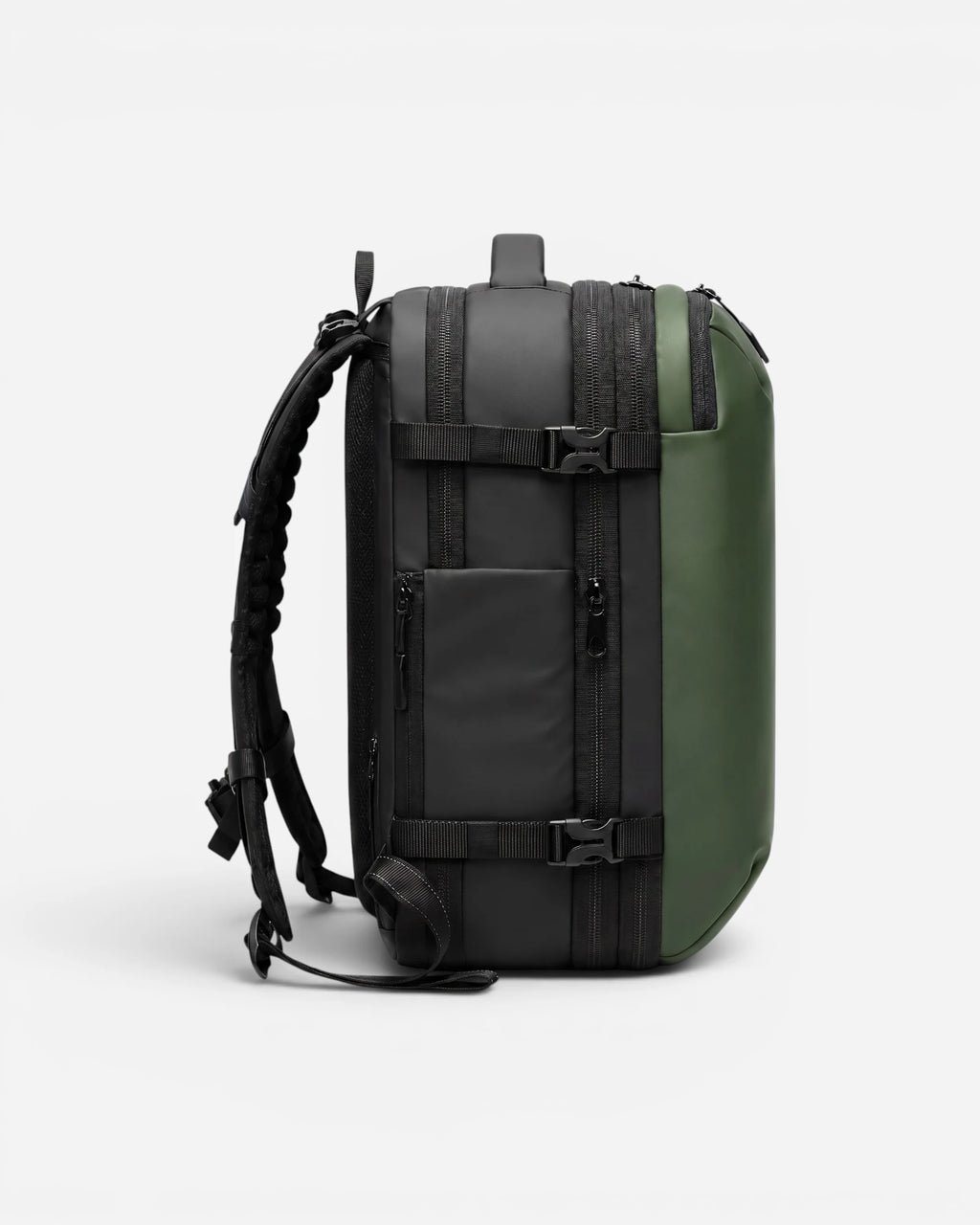 Side view of Lavnex ZoraPack Pro™ Forest Olive backpack showing waterproof zippers, compression straps, and side pocket design in dual‑tone finish