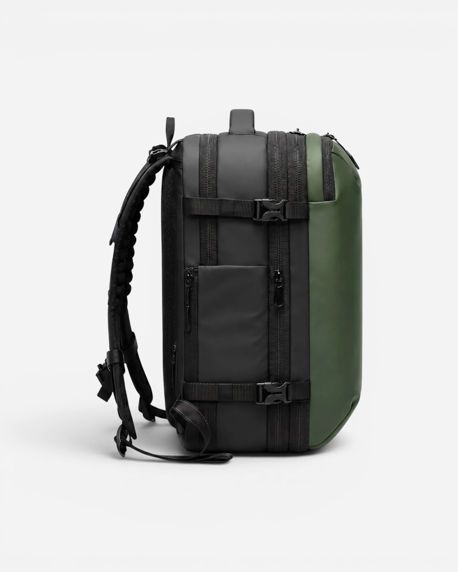 Side view of Lavnex ZoraPack Pro™ Forest Olive backpack showing waterproof zippers, compression straps, and side pocket design in dual‑tone finish