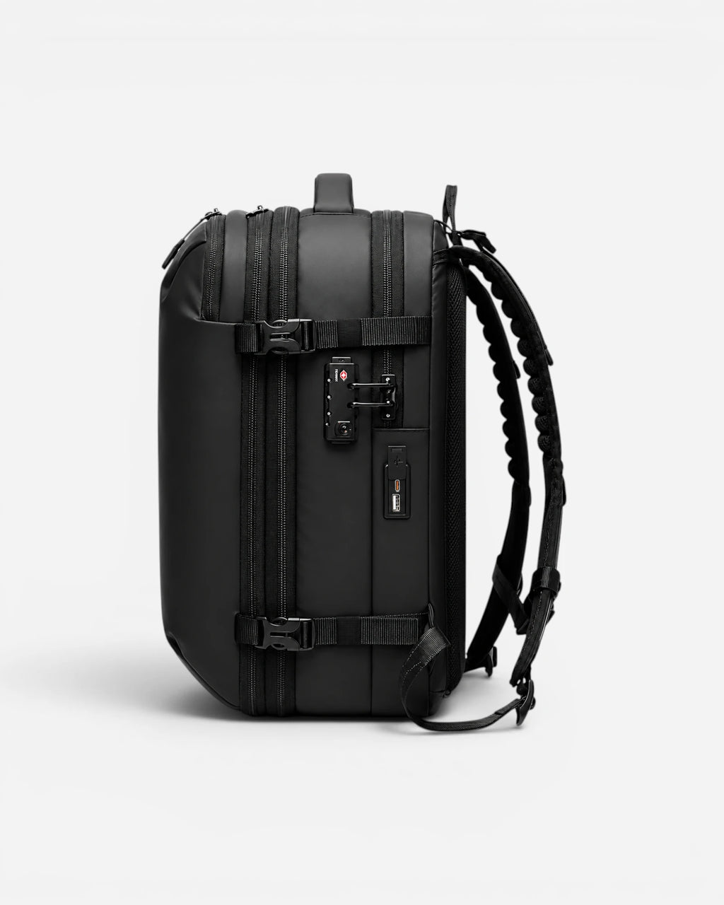 Side view of Lavnex ZoraPack Pro™ Jet Black backpack showing TSA lock, USB charging port, and adjustable compression straps