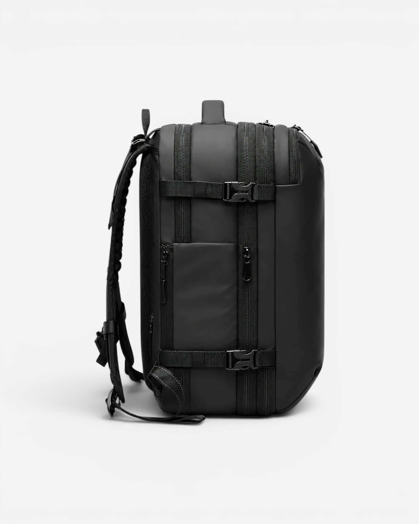 Side view of Lavnex ZoraPack Pro™ Jet Black backpack showing waterproof zippers, compression straps, and side pocket design