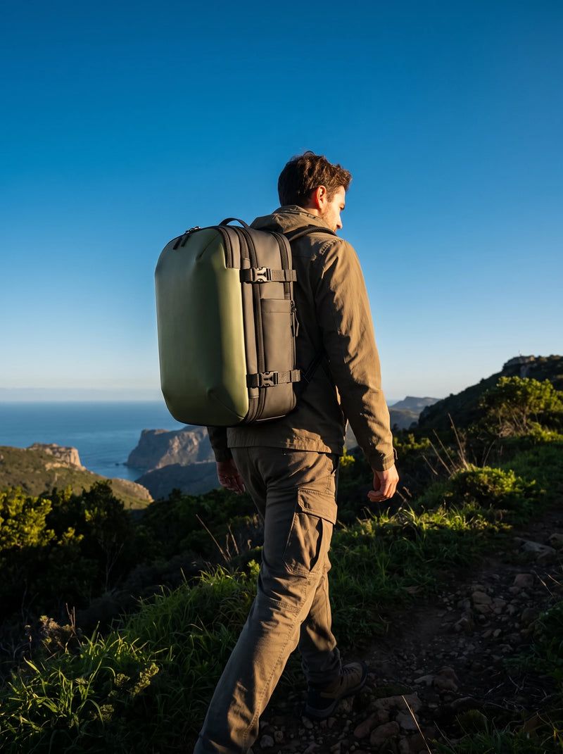 Man hiking along coastal mountain trail carrying Lavnex ZoraPack Pro™ Forest Olive backpack under clear blue sky