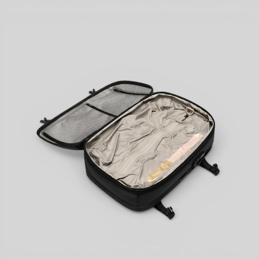 Open view of Lavnex ZoraPack Pro backpack showing spacious compression compartment and mesh organizer