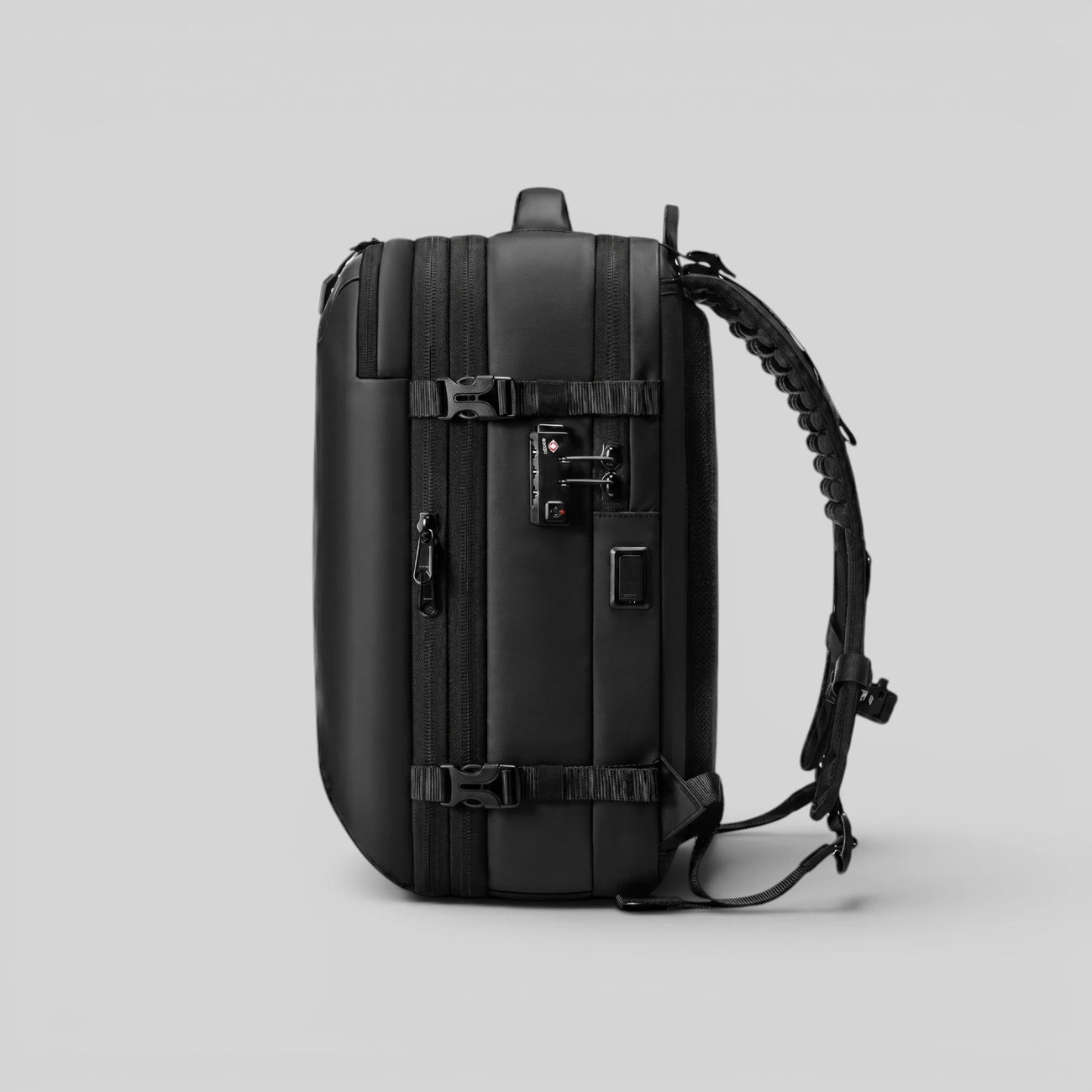 Side view of Lavnex ZoraPack Pro backpack showing sleek compact design and security lock
