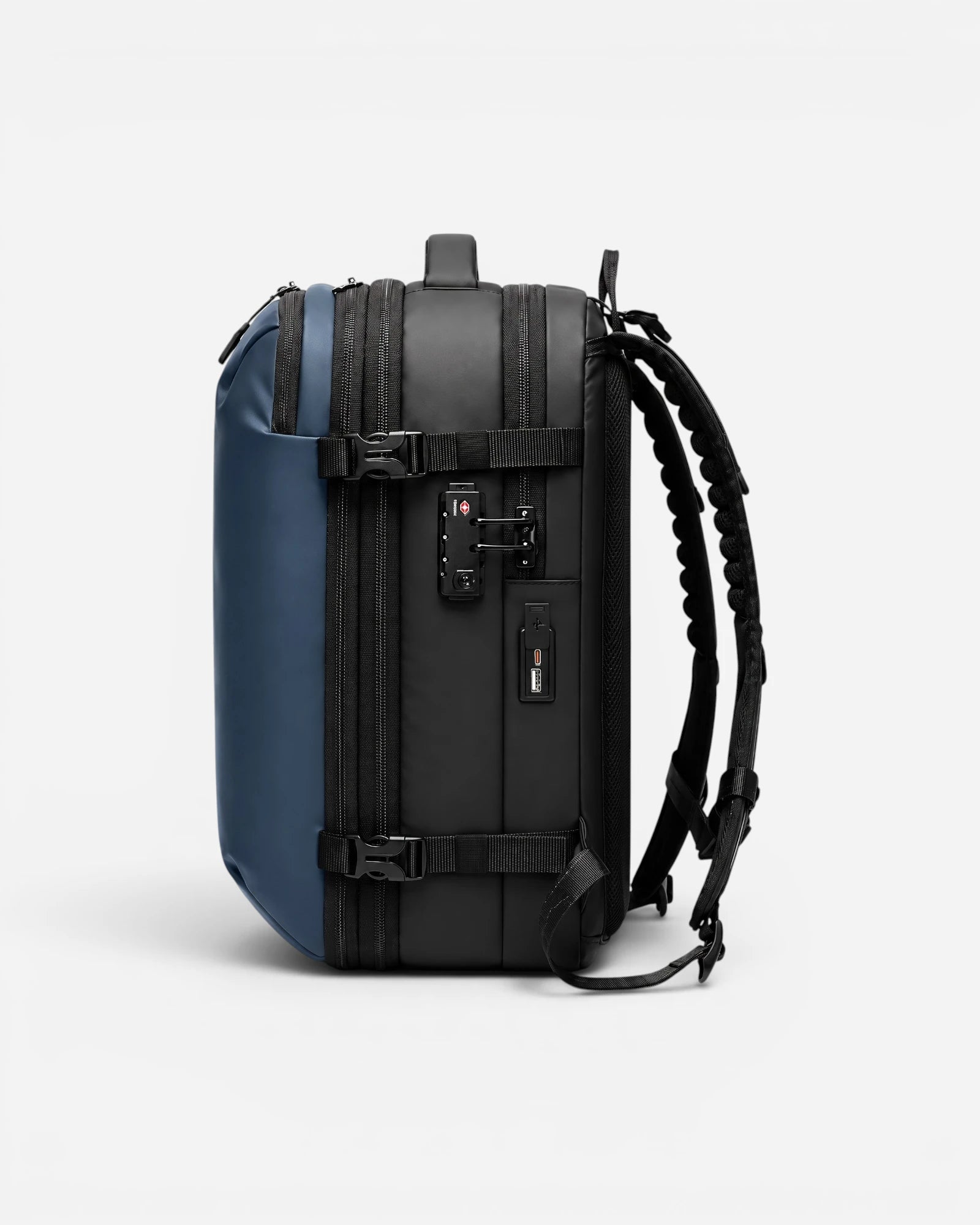 Side view of Lavnex ZoraPack Pro™ Midnight Navy backpack showing TSA lock, USB charging port, and compression straps in dual‑tone design