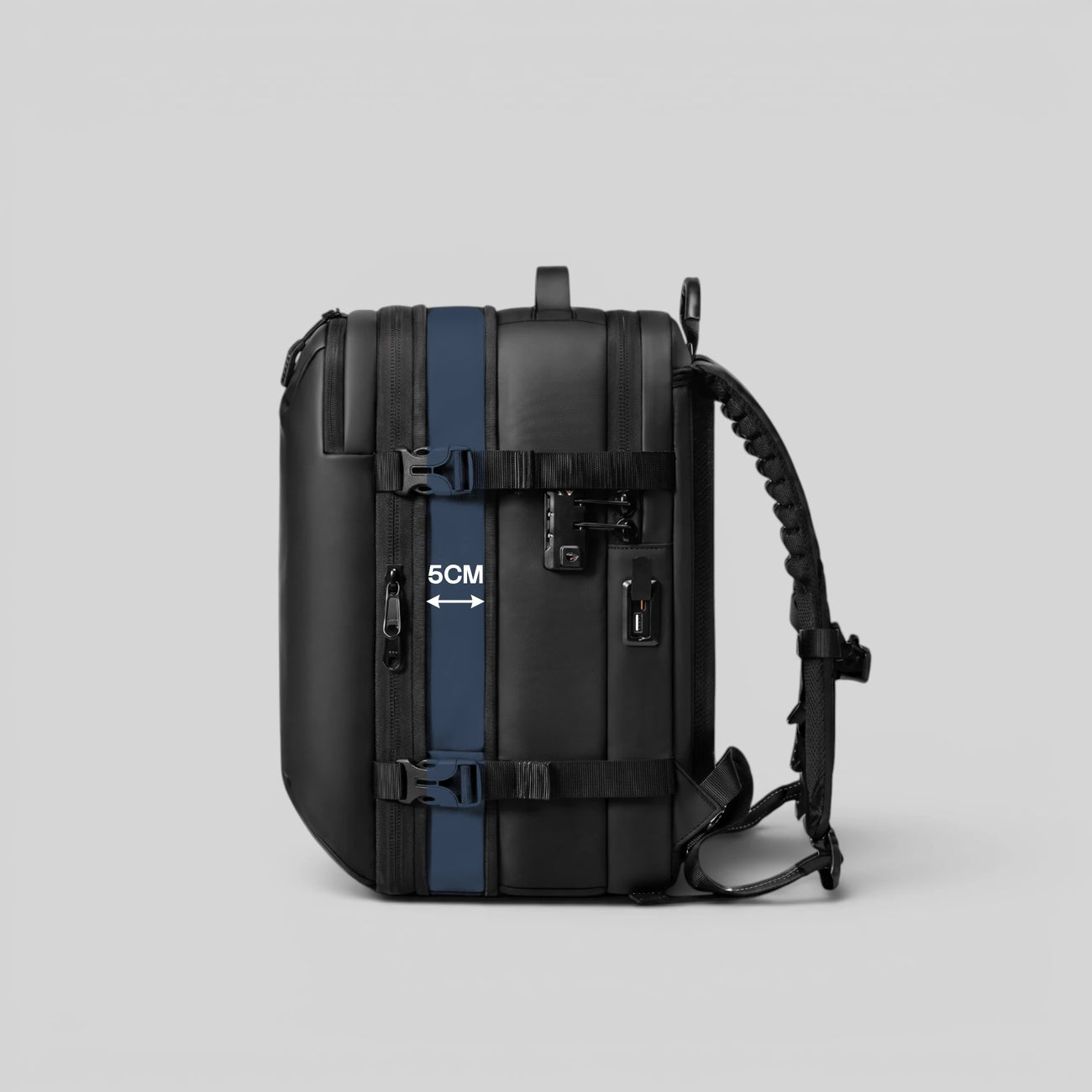 Side view of Lavnex ZoraPack mini backpack expanded by 5 cm showing increased capacity