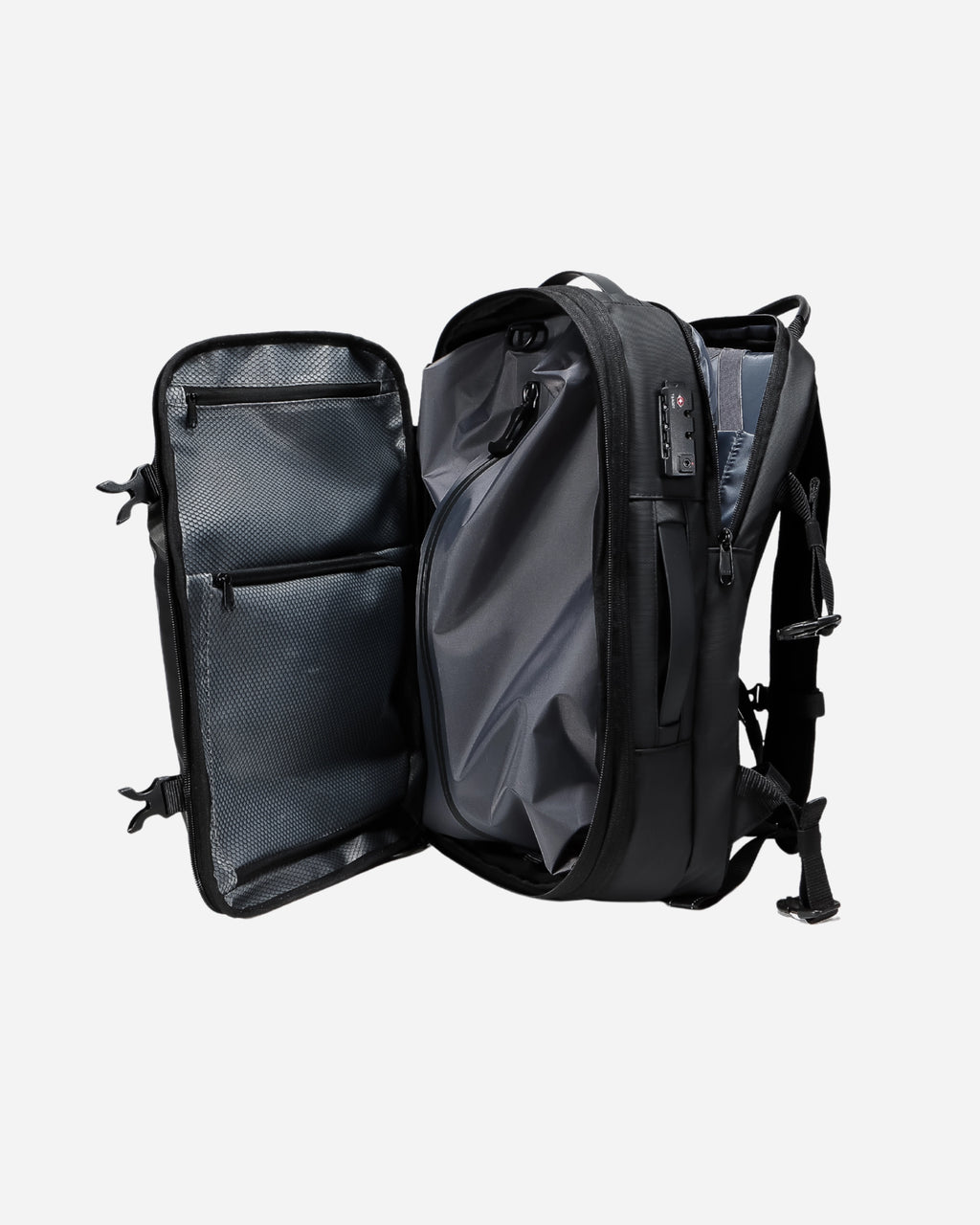 Lavnex SpacePack Pro open interior showing organized mesh pockets and padded laptop sleeve