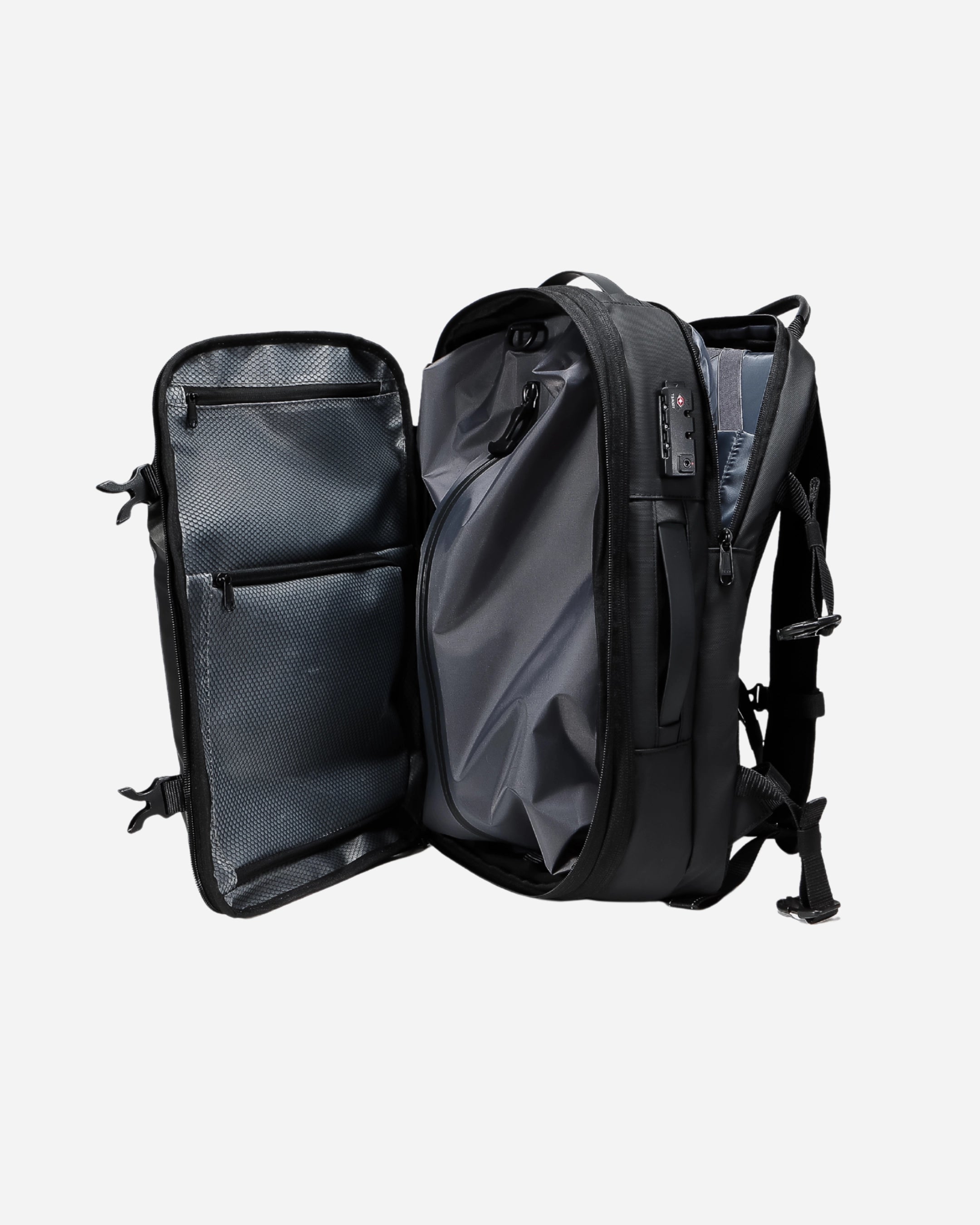 Lavnex SpacePack Pro open interior showing organized mesh pockets and padded laptop sleeve