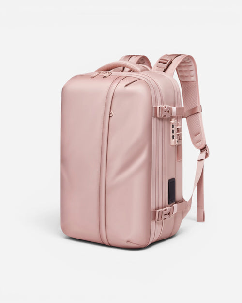 Side view of Lavnex SpacePack Pro backpack in Rose Blush showing multi-compartment layout